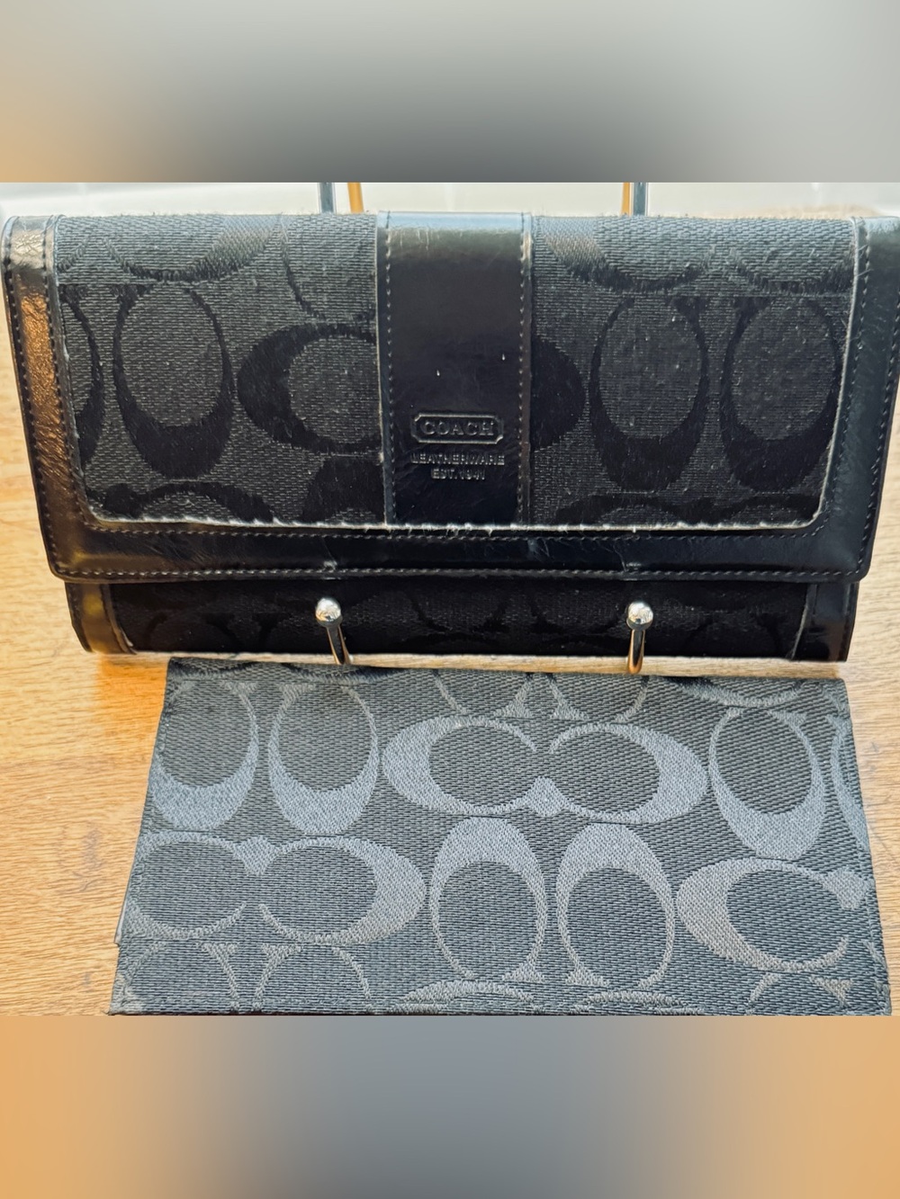 Classic Black Coach Signature Canvas & Leather Checkbook Wallet Set